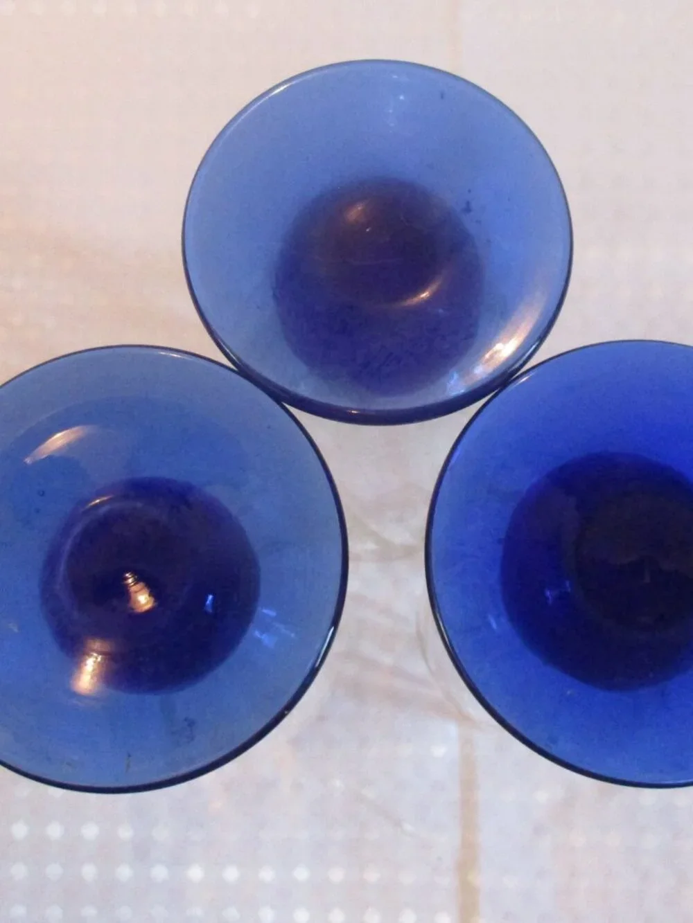 Vintage Set of 3 Swirled Clear Glass & Cobalt Blue Footed Juice Glasses/Tumblers